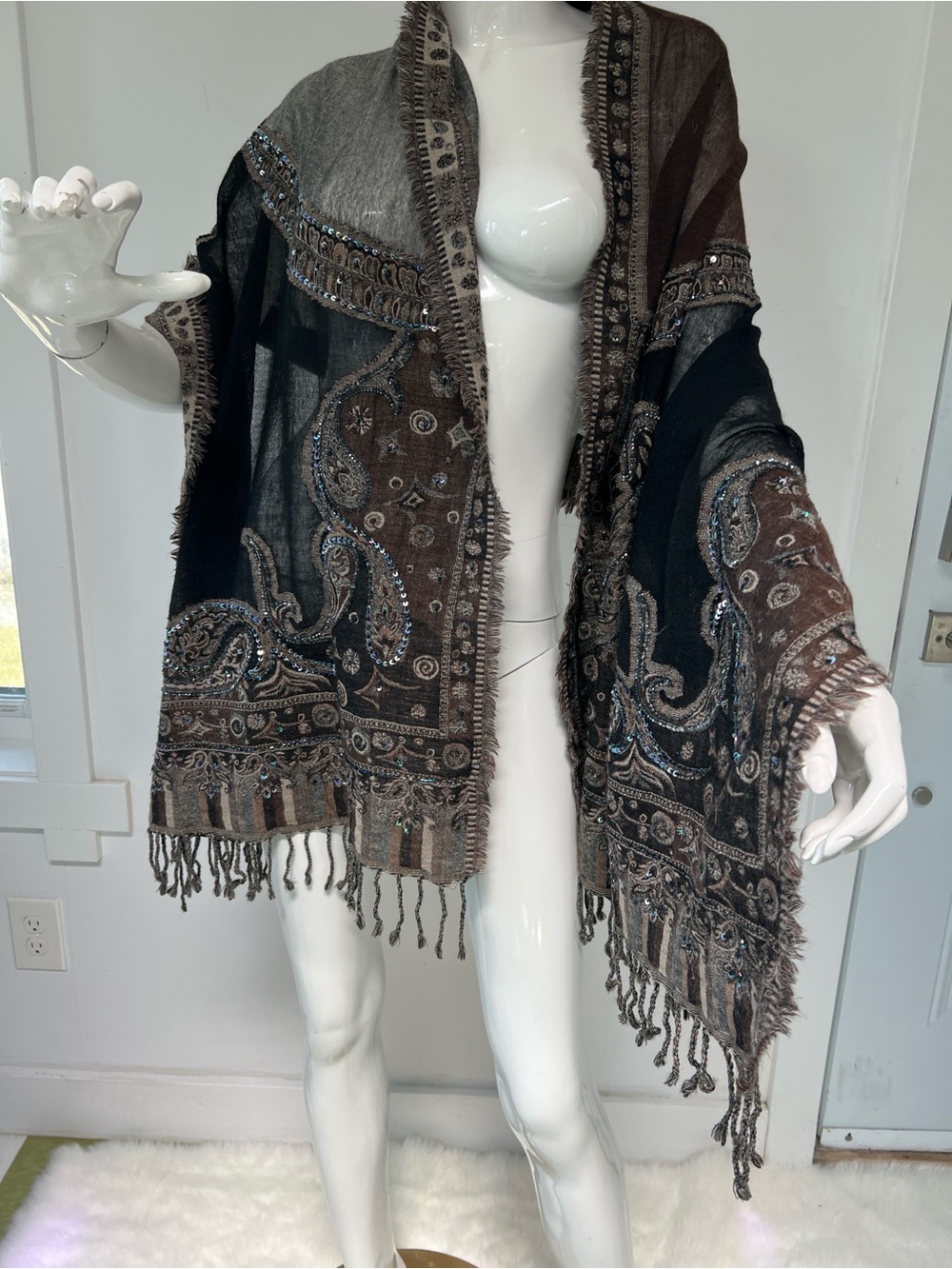 100% Wool Shawl Scarf patchwork style Paisley Sequin accents Wrap 72”x28”